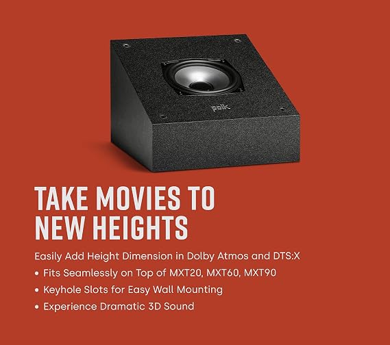 Polk Monitor XT90 Hi-Res Height Speaker Pair for 3D Sound Effect - Dolby Atmos-Certified, DTS:X and DTS Virtual:X Compatible, Surround Sound Speakers, 4 Dynamically Balanced Woofer, Midnight Black