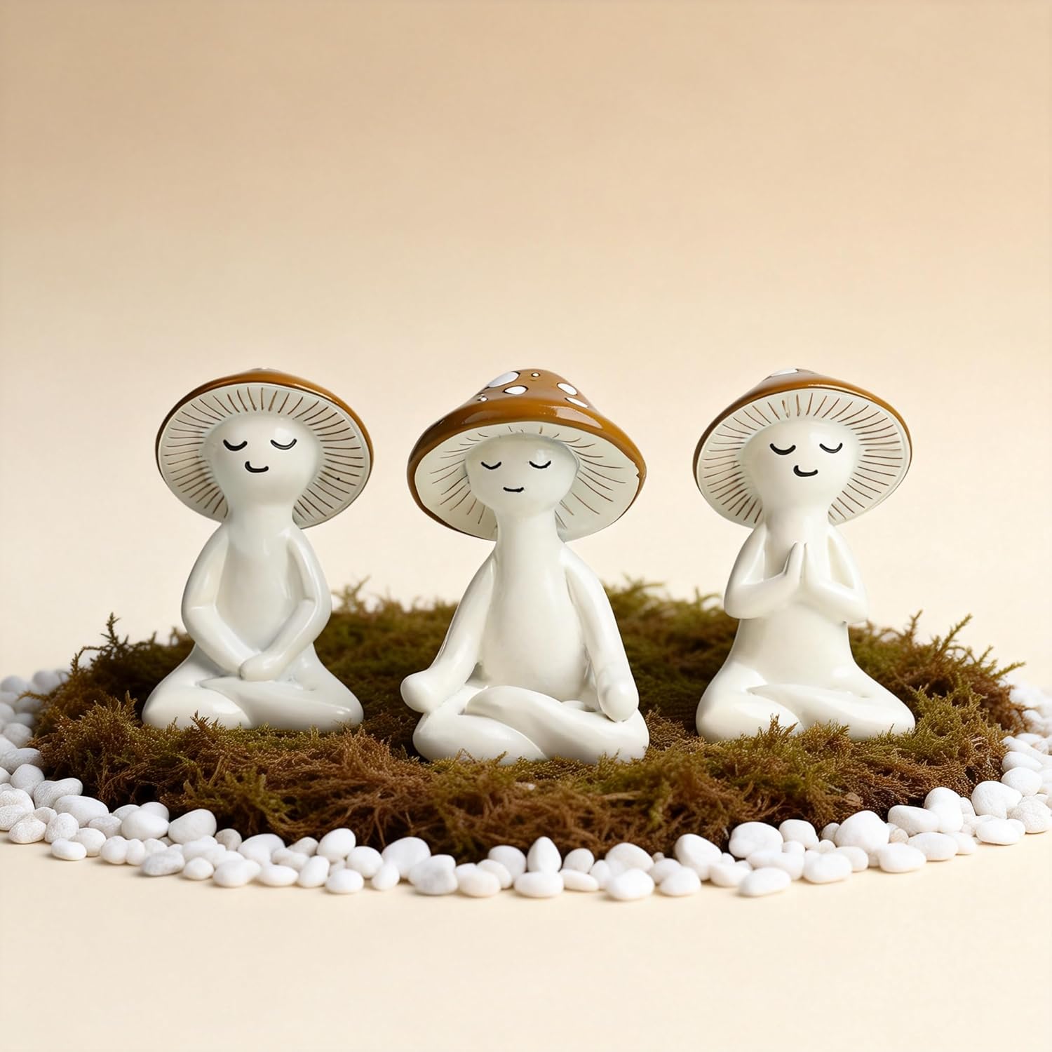 3 Pcs Mushroom Decor Figurines - Meditation Decor Statues for Living Room, Bedroom, Office - Resin Sculptures for Mindfulness Enthusiasts Home Decor Lovers Nature Lovers (White-Brown)