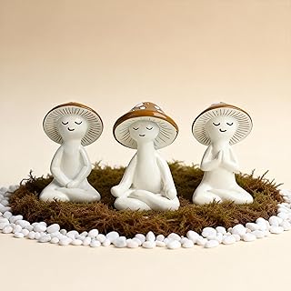 3 Pcs Mushroom Decor Figurines - Meditation Decor Statues for Living Room, Bedroom, Office - Resin Sculptures for Mindfulness Enthusiasts Home Decor Lovers Nature Lovers (White-Brown)