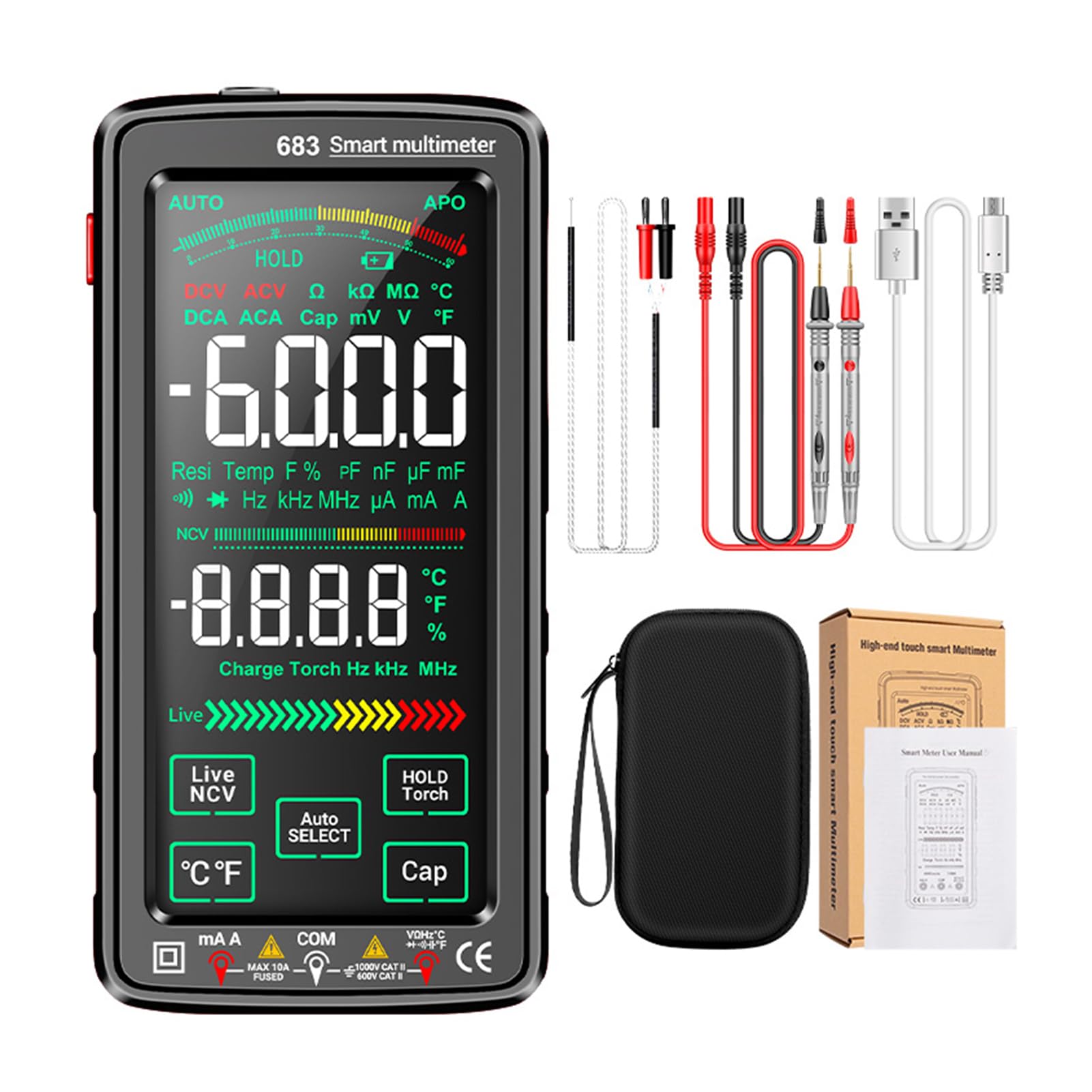 HUIOP 683 6000 Conta Multimetro digitale grande touch screen Misuratore universale ricaricabile intelligente -ustione VA Display inverso Tester NCV con torcia elettrica per tensione Corrente