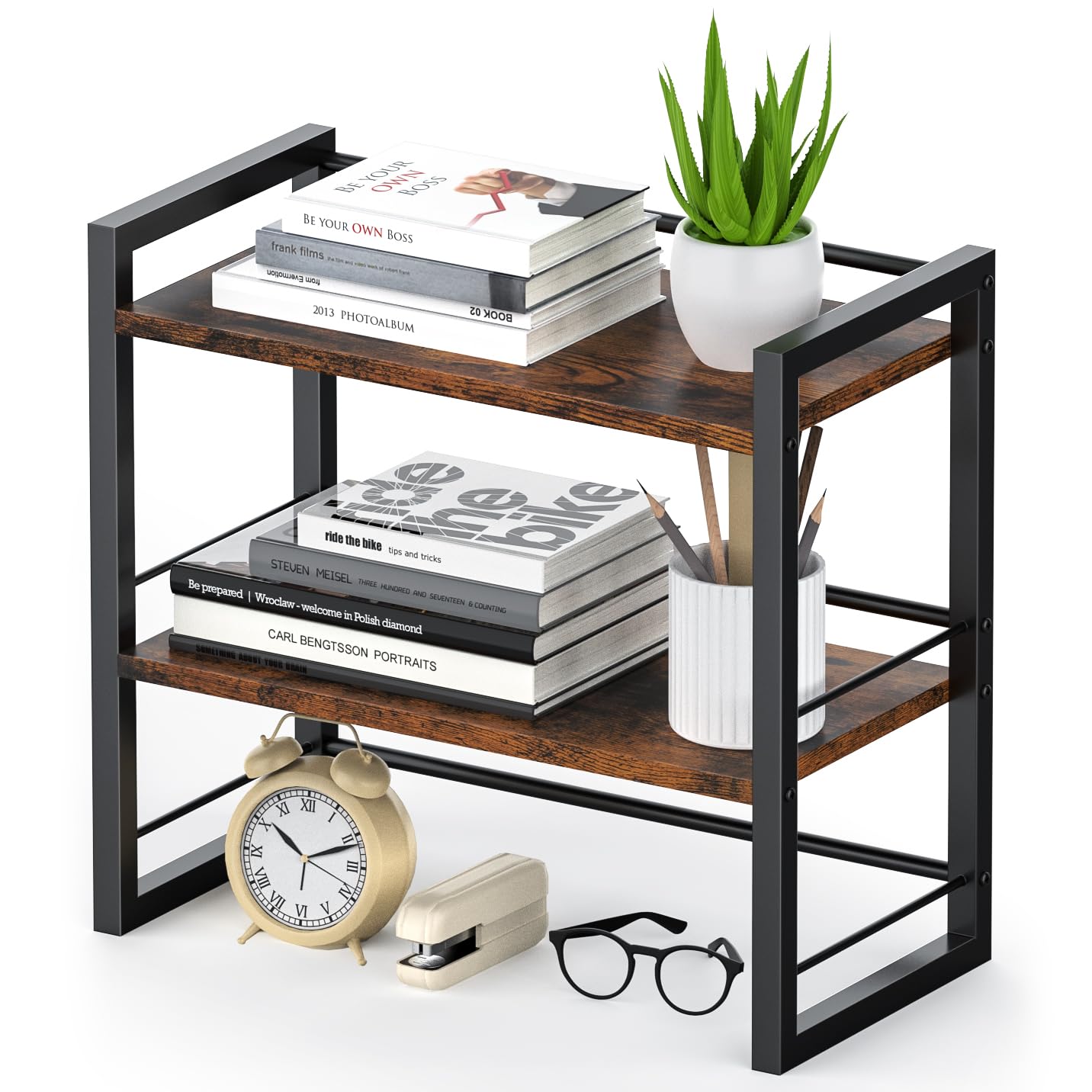 THYGIFTREE Office Desk Shelf Organizer, Wood Desktop Bookshelf Supplies Storage Rack, Shelf for Top of Desk and Dresser (BROWN)
