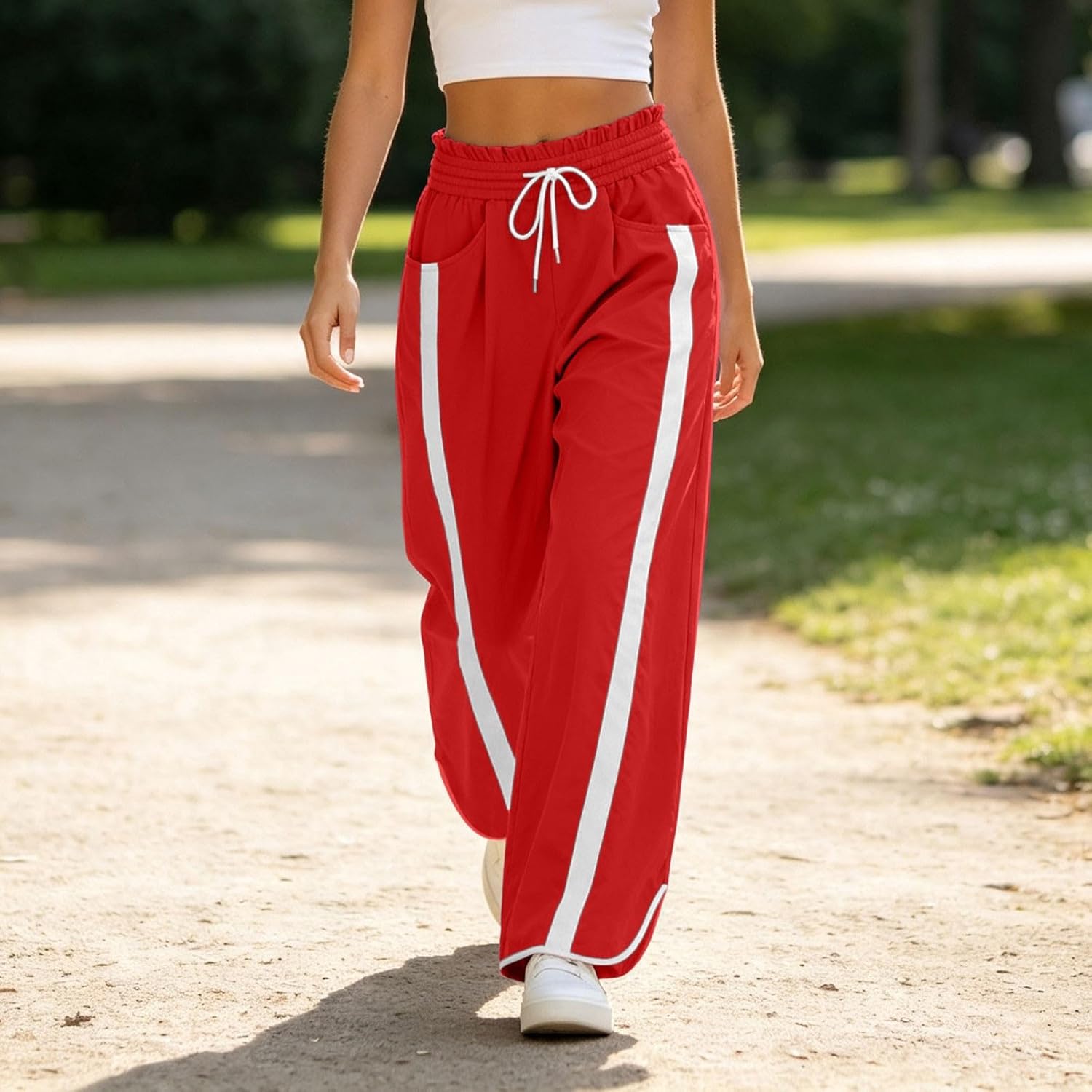 Womens High Waist Wide Leg Track Pants Side Stripe Split Hem Pants