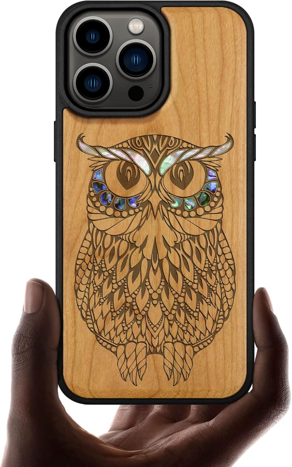 Carveit Designer Wooden Protective Magnetic Case for iPhone 14 Pro Max Case [Wood Engraving & Shell Inlay] Unique Wood Phone Cover Compatible with 14 Pro Max MagSafe 6.7 Inch (Owl-Blackwood)