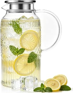 68 oz Glass Water Pitcher with Handle and Lid Borosilicate Tea Carafe | Heat Resistant Iced Tea Pitcher Stainless Steel Dual-Pour Lid Jug for Hot/Cold Beverage, Lemonade, Sangria, Coffee
