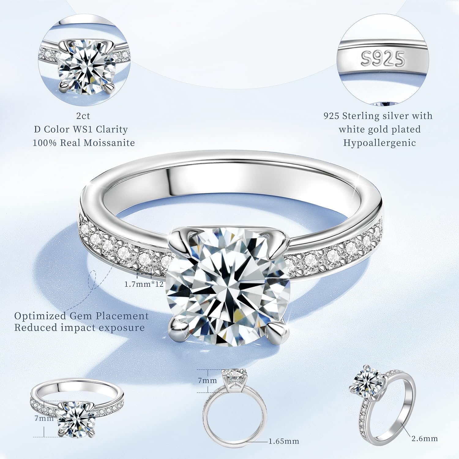 Moissanite Engagement Ring for Women, 2-4CT D Color VVS1, 925 Sterling Silver with 18K White Gold Plated, Moissanite Wedding Ring, Anniversary Promise Ring with Gift Box - Image 2