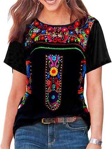 Melliflo Camisetas mexicanas de manga corta para mujer, bordadas florales, sueltas, estilo étnico, camisetas bohemias