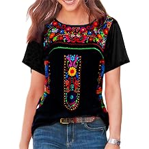 Womens Mexican Embroidered Tops Short Sleeve Fiesta Shirts Floral Peasant Blouses