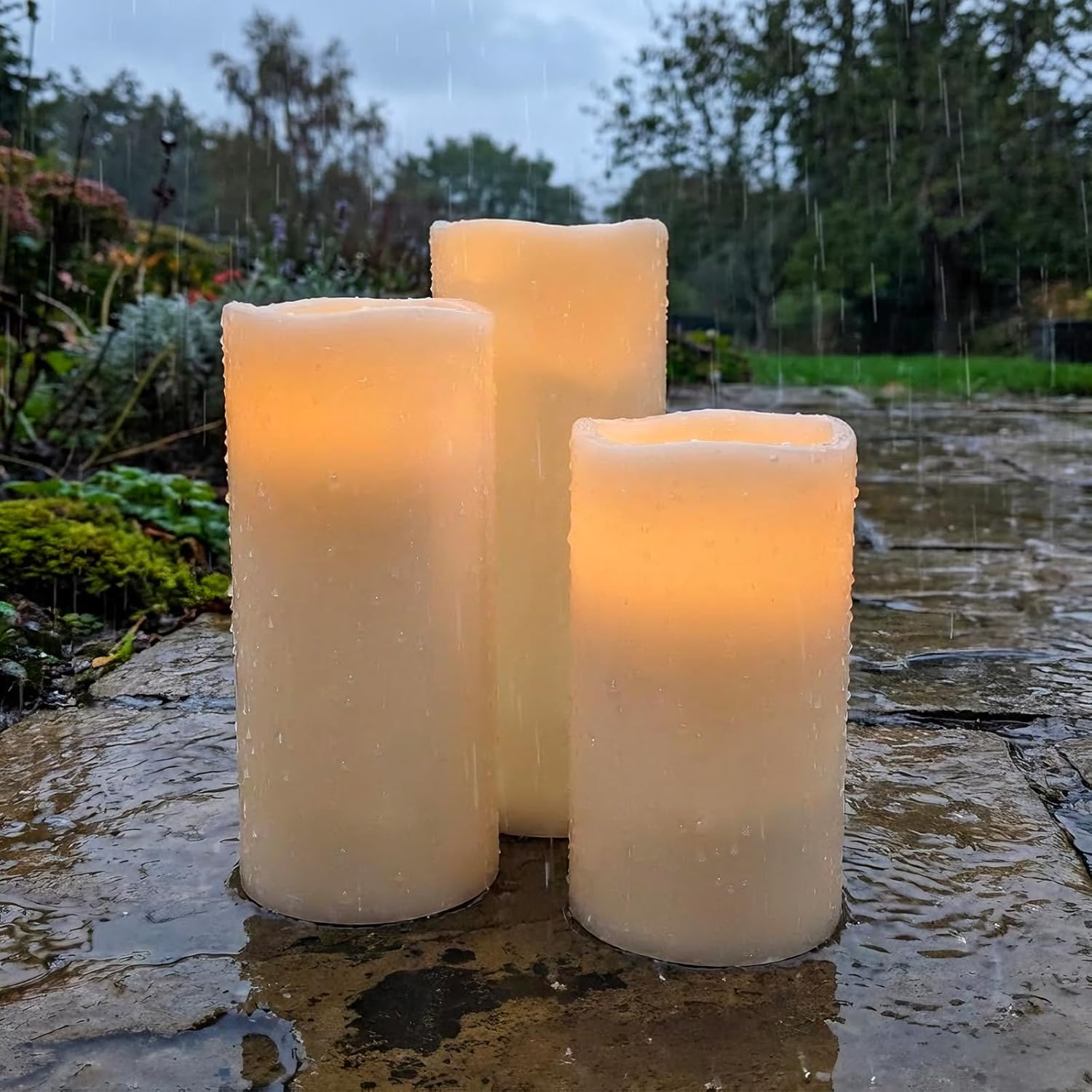 8" 10" 12" x 5" Extra Large Waterproof Outdoor Flameless Candles Battery Operated LED Pillar Candles for Indoor Outdoor Lanterns, Off White, Long Lasting, Set of 3