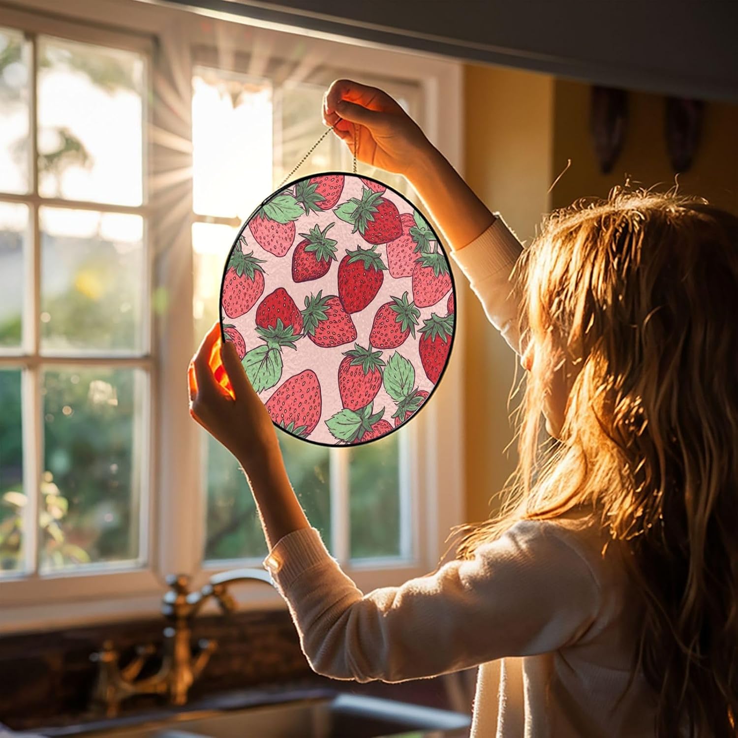 Stained Glass Window Hanging 6in（15cm）, Strawberry Pattern Glass Suncatcher for Home Decor, Indoor Wall Art Glass Panel with Metal Chain and Hooks, Sun Catcher Ornament Birthday Gifts