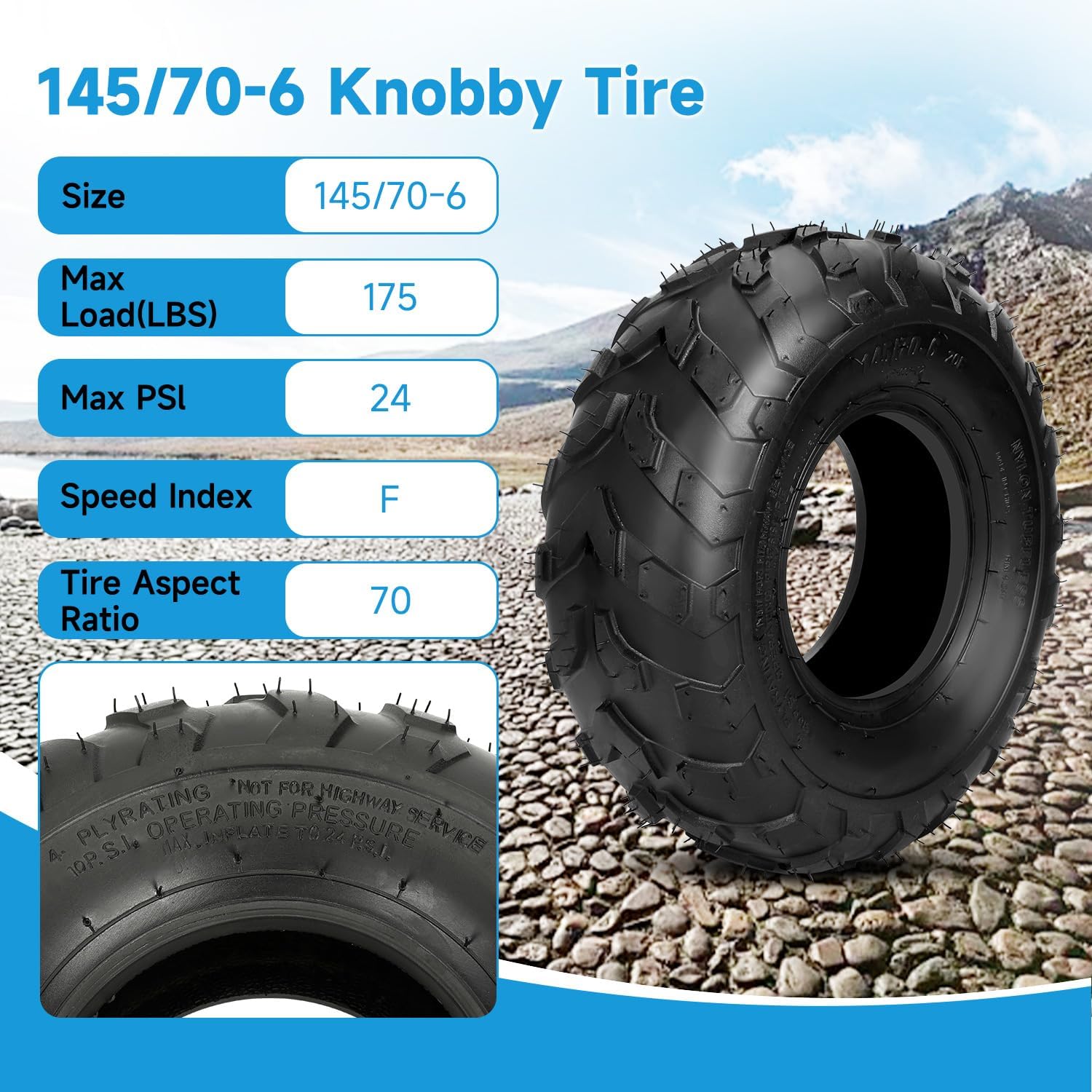EOPOAYI 145/70-6 Tire 145 70-6 All Terrain Tires Compatible with Coleman CT100U CC100X GMB100 Baja DB30 Motovox MBX10 Mini Bike Mud Sand KT196 Go Kart Taotao Coolster 110cc ATV UTV Quad 4 Wheeler