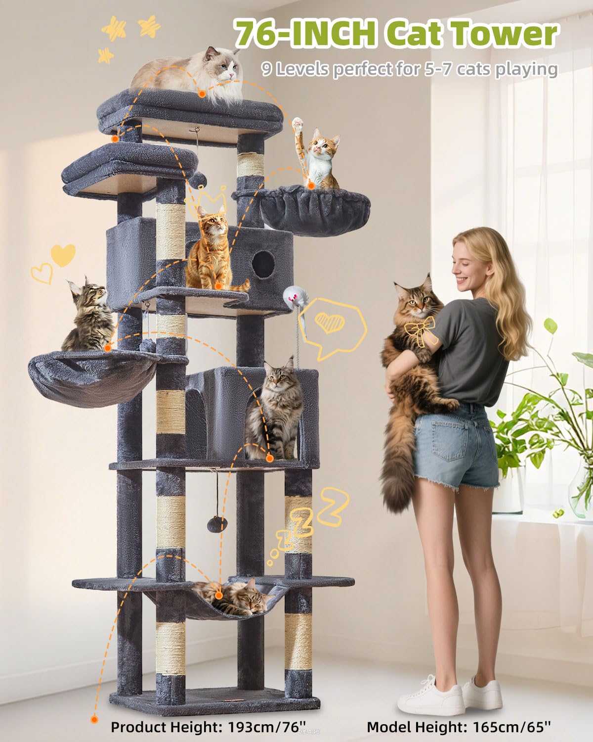 Taoqimiao Árbol para Gatos Grandes 193 cm, Árbol Rascador de Interior con Postes Arañadores, 2 Cabañas, 2 Plataformas, 2 Cestas Colgantes Amplias y Hamaca Suave, MS046G Gris Oscuro