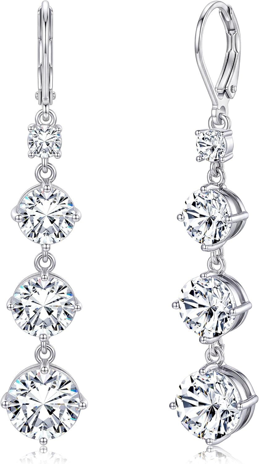 PATISORNA 925 Sterling Silver Dangle Earrings for Women Trendy Hypoallergenic White Gold Plated Leverback Drop Earrings Long Lightweight Statement Earring for Wedding Brides