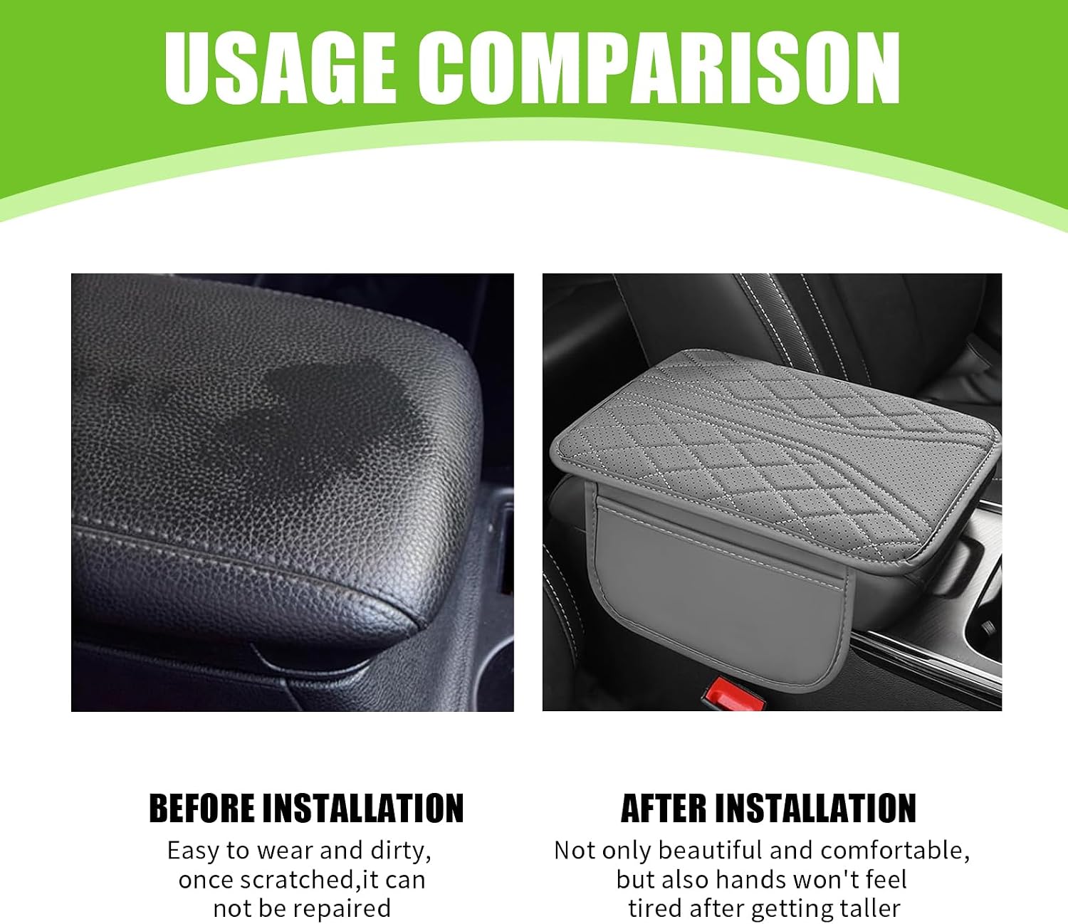 Car Center Console Cover, Leather Auto Armrest Cover with 2 Storage Pockets, Waterproof Breathable Center Console Armrest Pad, Universal for Most Cars, Trucks, SUVs (Gray)