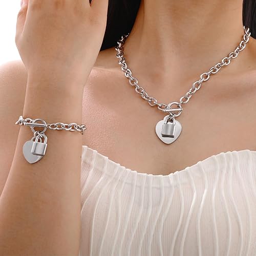 Miniatura 2 de VNOX Juego de collar de cadena de cable de acero inoxidable con nombre inicial personalizado con dije de corazón y cierre de palanca