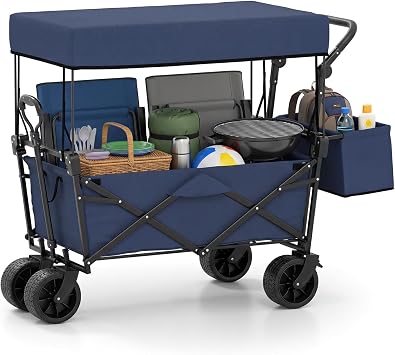 Goplus Collapsible Wagon w/Canopy, Folding Garden Cart w/Adjustable Handles, Detachable Storage Bag & Big Wheels, Heavy Duty Outdoor Utility Cart for Camping, Beach & Shopping Blue
