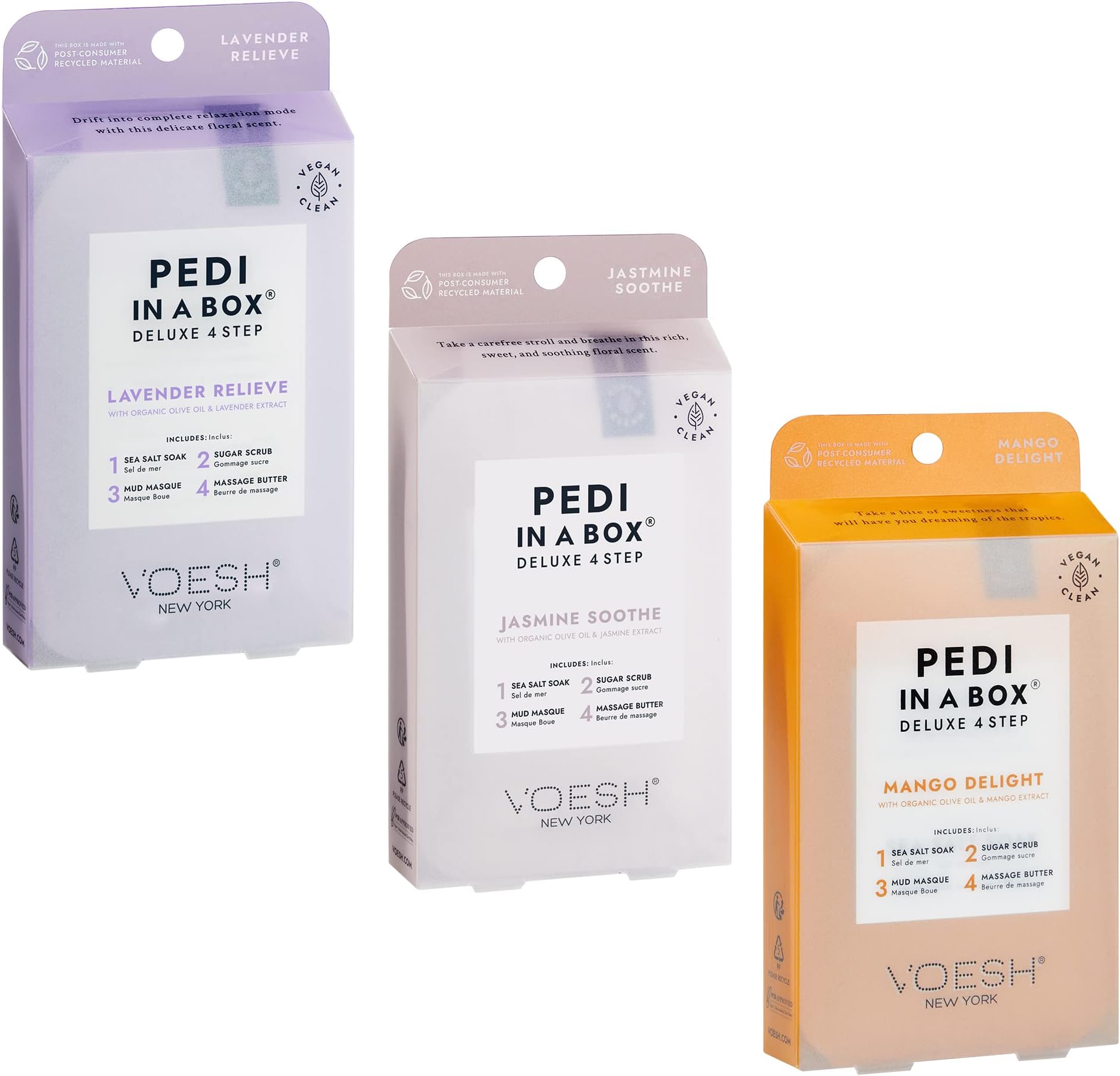 Pedi In A Box 4 Step Trio, 3 pack of scents: Lavender Relieve, Jasmine Soothe, and Mango Delight