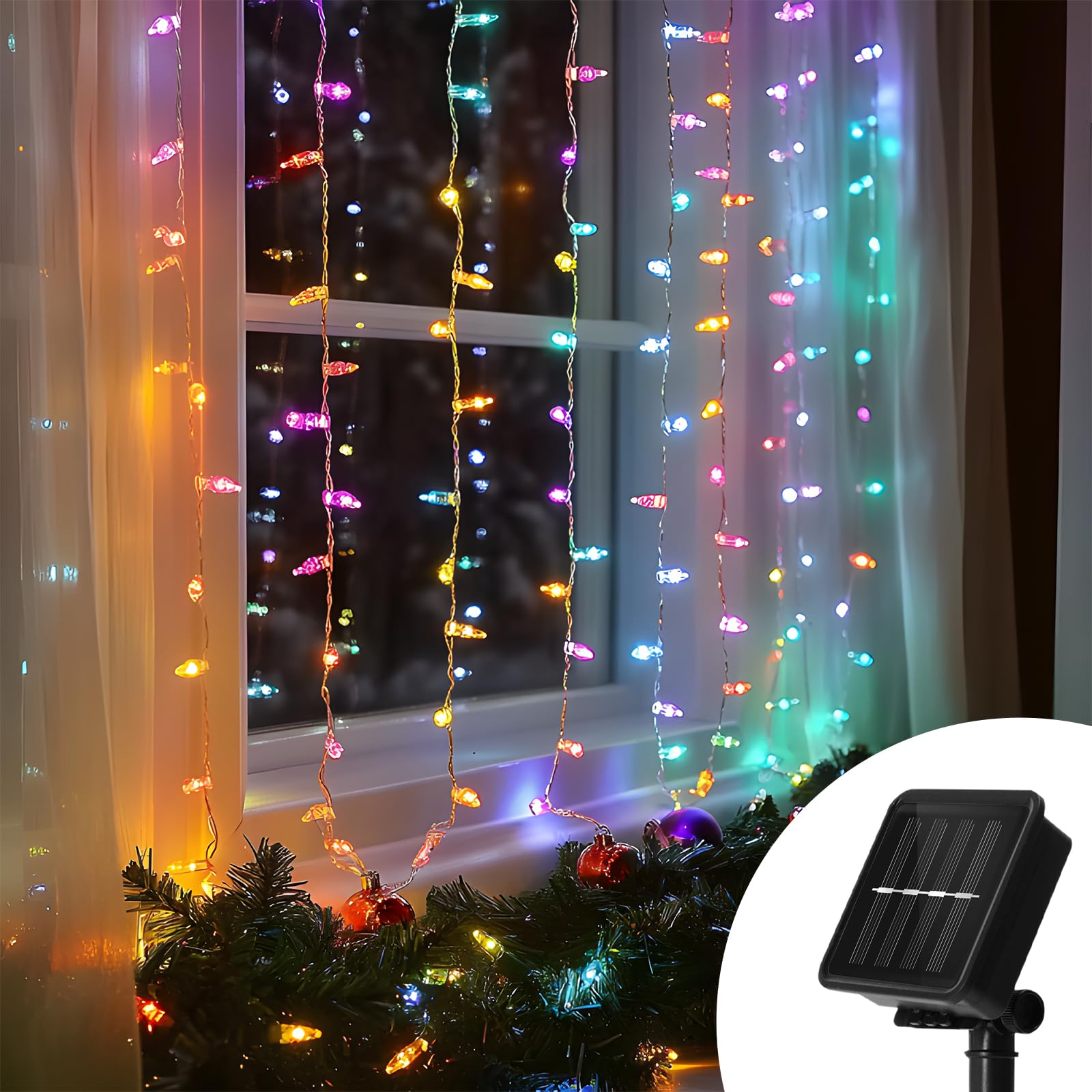 Aigostar Cortina de Luces Solar， 1m×1m 100LED Guirnalda Luces Navidad Exterior y Interior， 8 Modos Luces de Cadena de Cortina， IP65 Impermeable Cadena de Luces para Jardín， Fiesta， Habitacion (RGB)