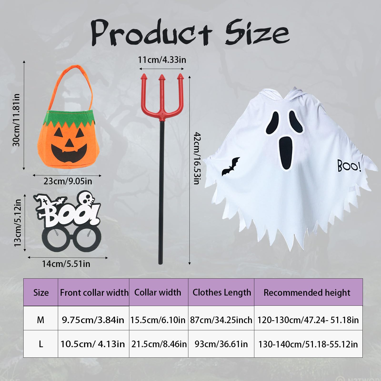 Celebration Directre 4PCS Ghost Halloween Costumes for Kids Glow in the Dark Ghost Face Outfit White Cloak Hooded Pumpkin Bags Skeleton Glasses Devil Pitchfork for Trick-or-Treating Party - Image 2