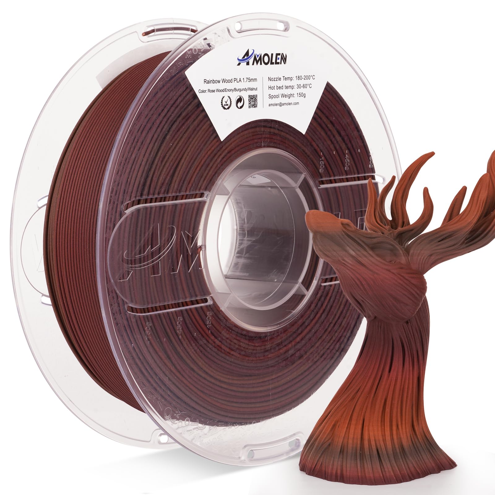 AMOLEN - Light Wood 3D Filament, Rainbow, PLA Filament 1.75mm1kg, Dry Rose Wood/Eonium/Burgundy/Walnut