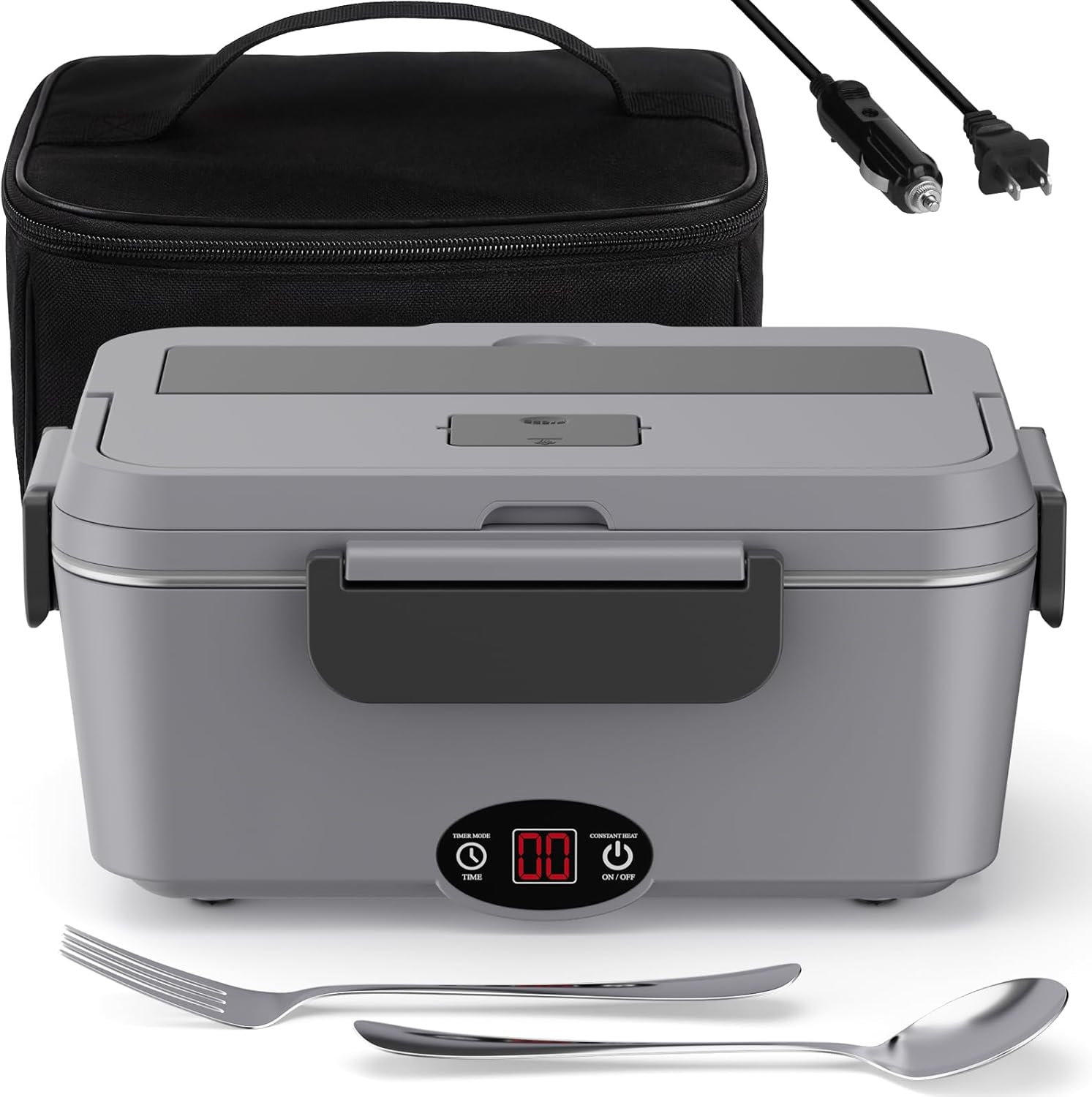 Heated Lunch Box with Timer - 1.8L Electric Lunch Box for Adults 90W Fast Heating Portable Food Warmer for Men Auto-Shut Off Food Heater for Office Car Truck Travel