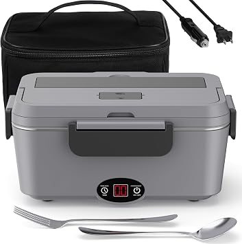 Sitlais Heated Lunch Box with Timer - 1.8L Electric Lunch Box for Adults 90W Fast Heating Portable Food Warmer for Men Auto-Shut Off Food Heater for Office Car Truck Travel