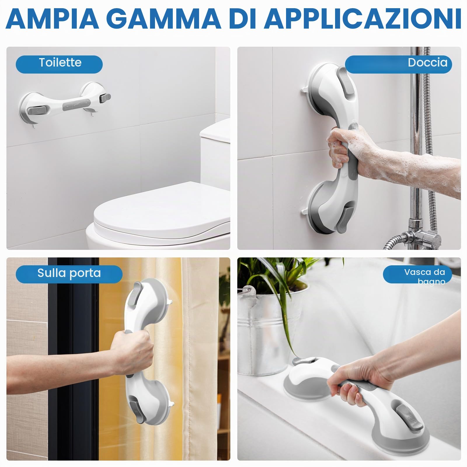 LEVERLOC Maniglie Doccia per Bagno 31 CM, MAX 110 KG Maniglione a Ventosa, Impugnatura di Sicurezza per Anziani, Disabili, Resistente, Senza Foratura e Corrimano Rimovibile Handy Grasp Pro, Grigio