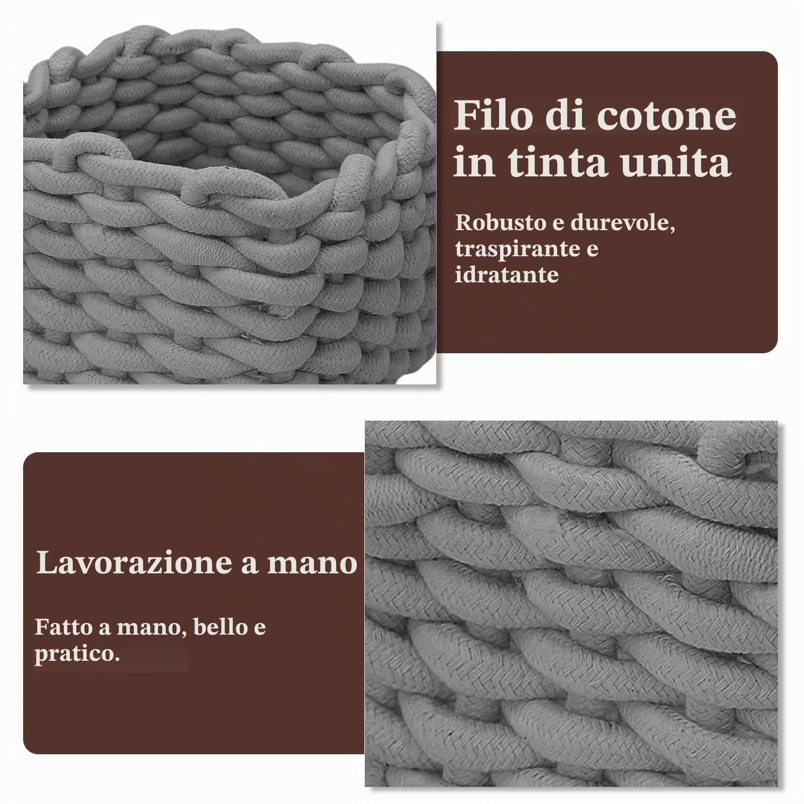 Cestini Portaoggetti Intrecciato Corda di Cotone, Cesto Bagno, Decorazione Cestini Stoccaggio per Cameretta Salotto Ufficio (Grigio)