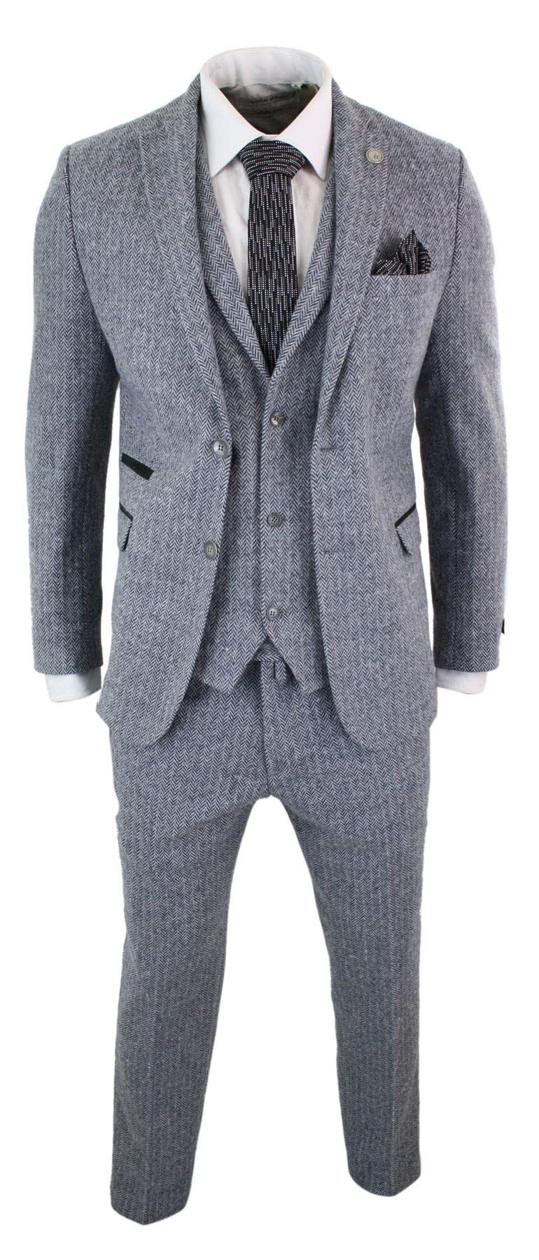Truclothing Men's Grey Stz11 3 Piece Tweed Suit Herringbone In | : 50R