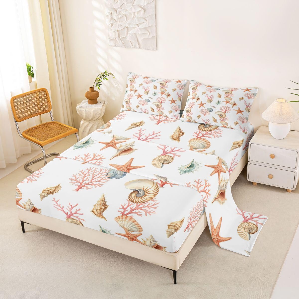 Homewish Coastal Beach prześcieradła podwójne oceaniczne stworzenia, prześcieradło z gumką, głęboka kieszeń, 40 cm, zestaw pościeli z muszlą, motyw koralowej rozgwiazdy, z 2 poszewkami na poduszki