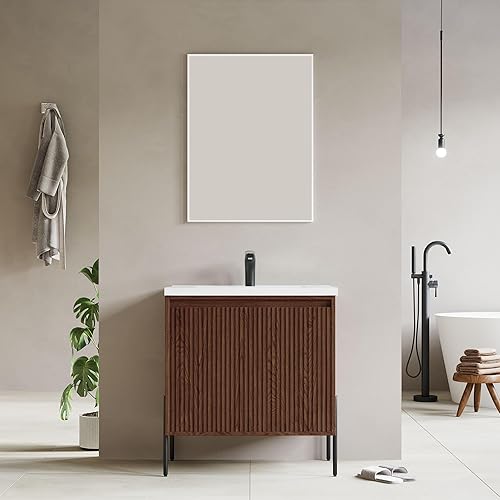 Miniatura 4 de Dowell - Juego de tocador de baño blanco de 30 pulgadas con fregadero de cerámica, armario de baño moderno con puerta de cierre suave, juego de