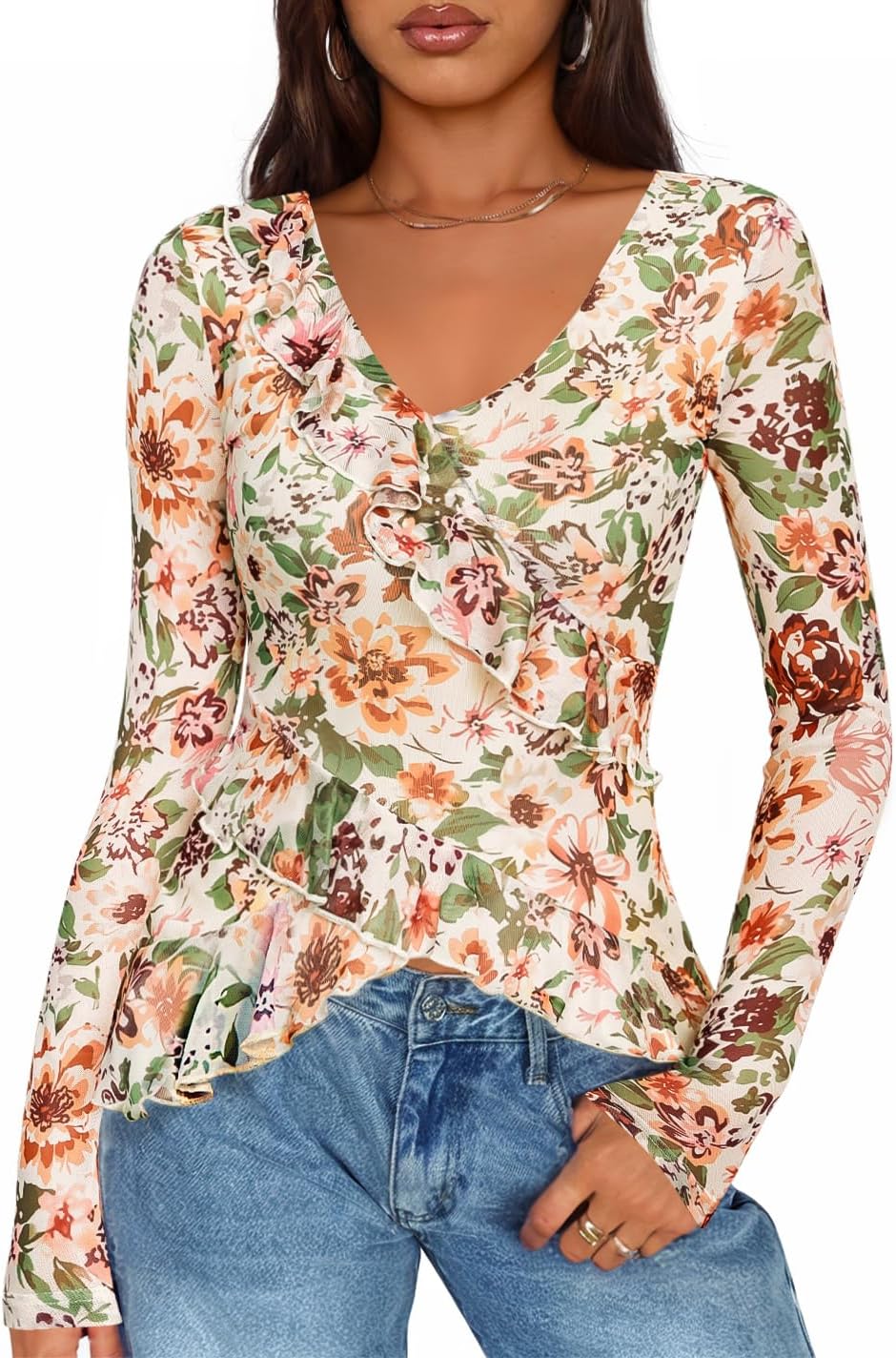 ZESICA Women's Long Sleeve Floral Shirts V Neck Going Out Ruffle Tops Blouses 2026 Fall Fashion Clothes Outfits