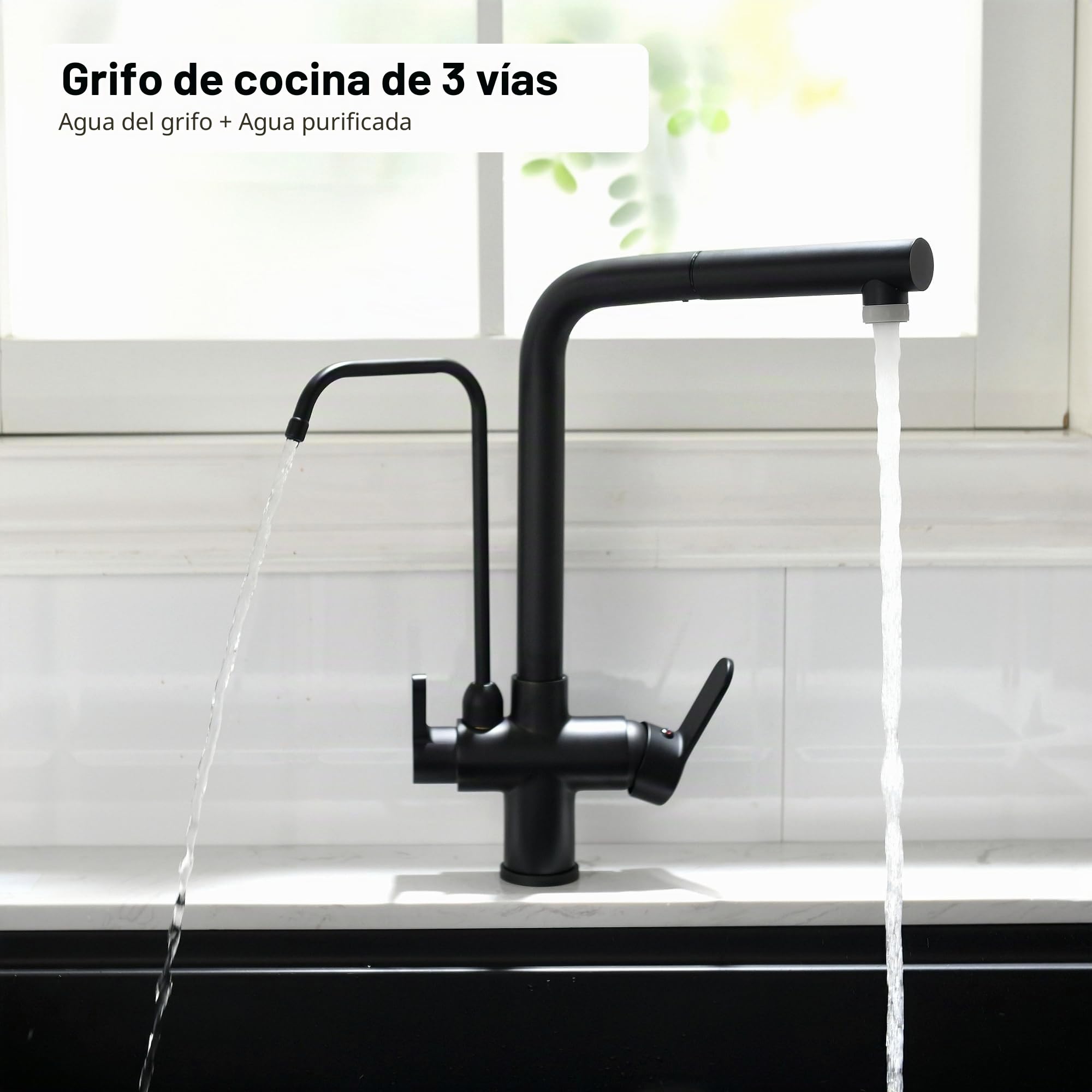 Grifo de Cocina Ósmosis 3 Vías con Ducha Extraíble, Giratorio 360°, Grifo Fregadero 3 en 1 para Agua Fría/Caliente y Agua Filtrada, Grifo para Ósmosis (negro)
