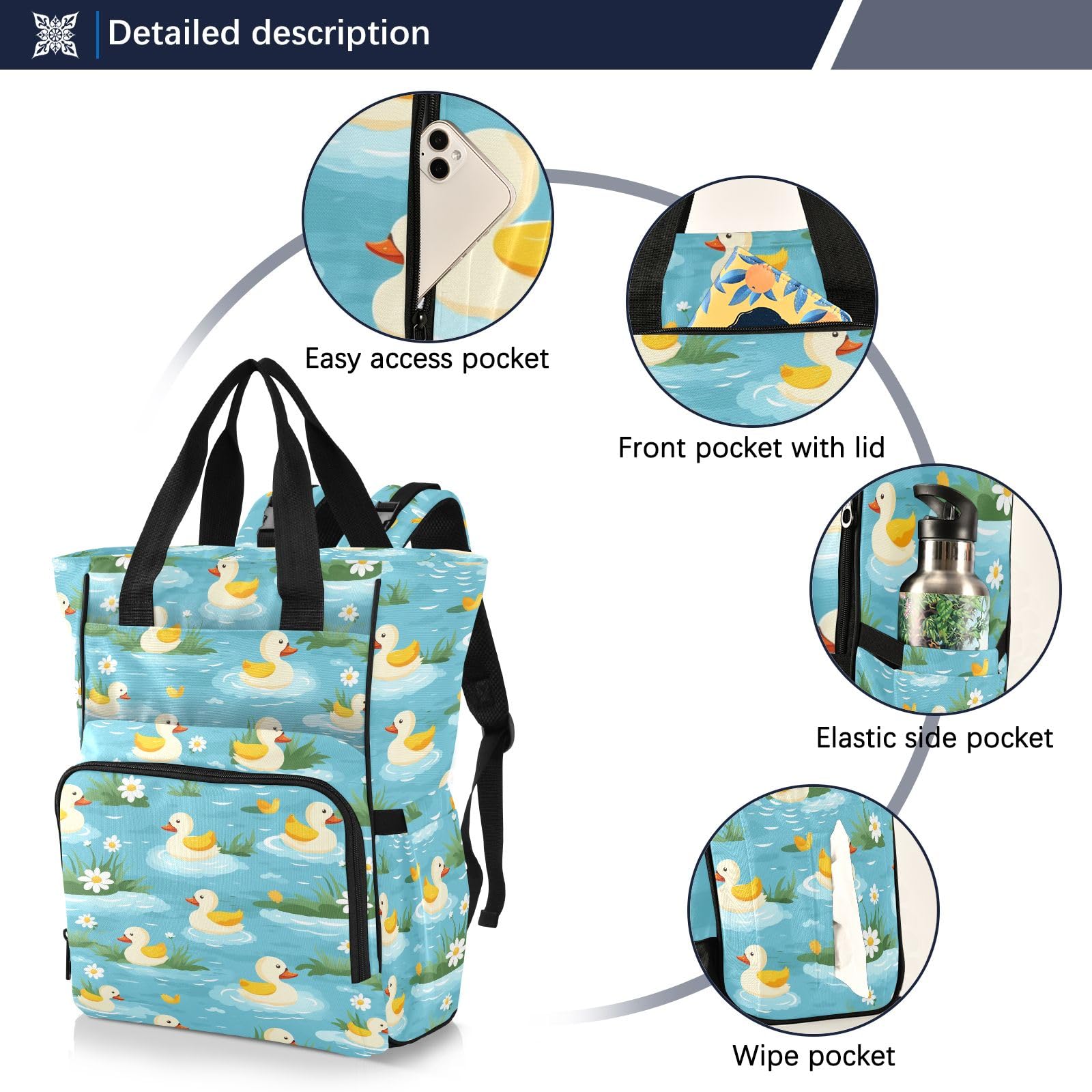 Mnsruu Anatra Nuoto Fiori Borsa Pannolino Del Bambino Zaino Grande Borsa Impermeabile Viaggio Pannolino Borse per Mamme E Papà