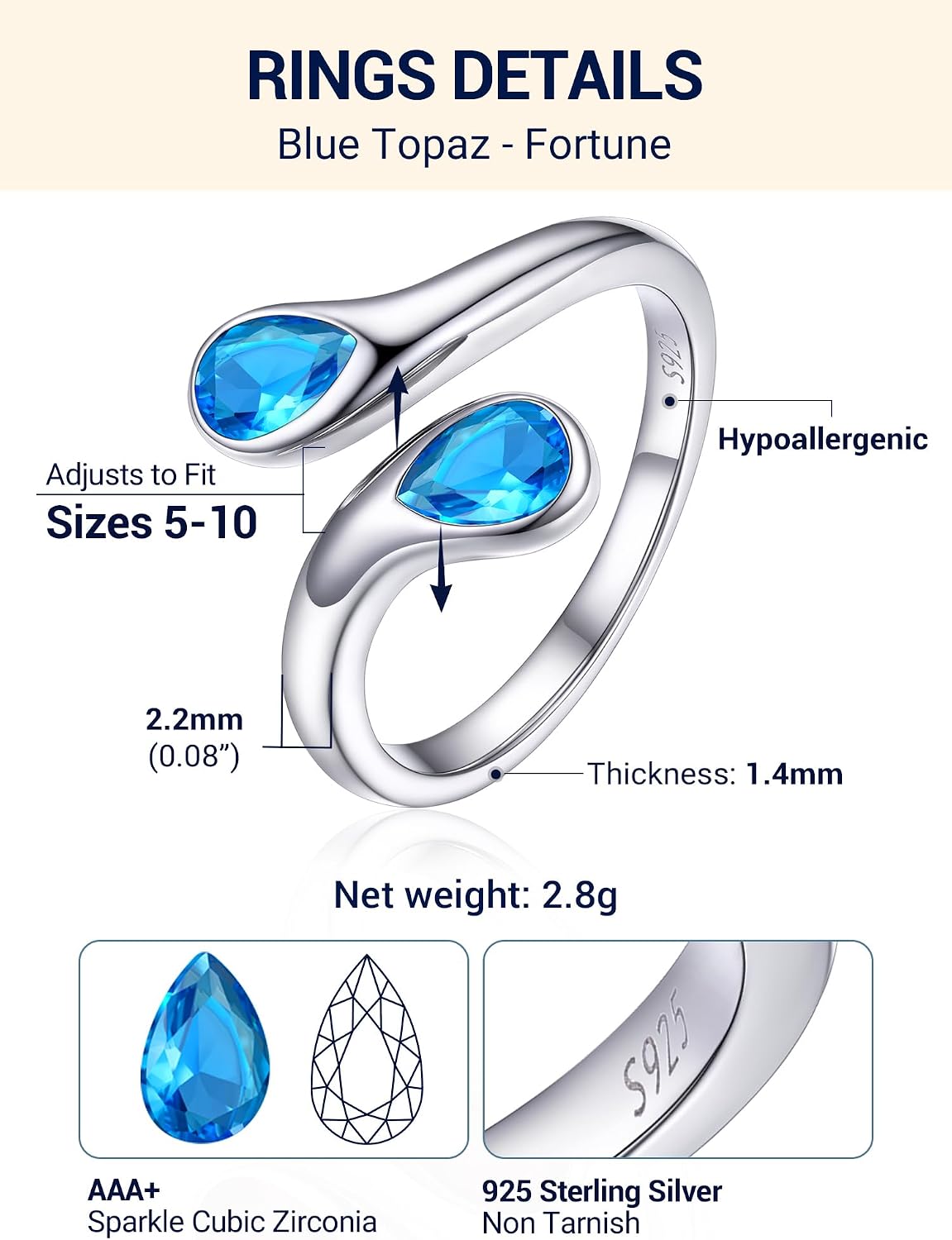 PROSILVER S925 Sterling Silver Adjustable Rings for Women Dainty Birthstone Statement Ring, Dual Pear-Cut Gemstones, Open Band Rings, Jan - Dec Available