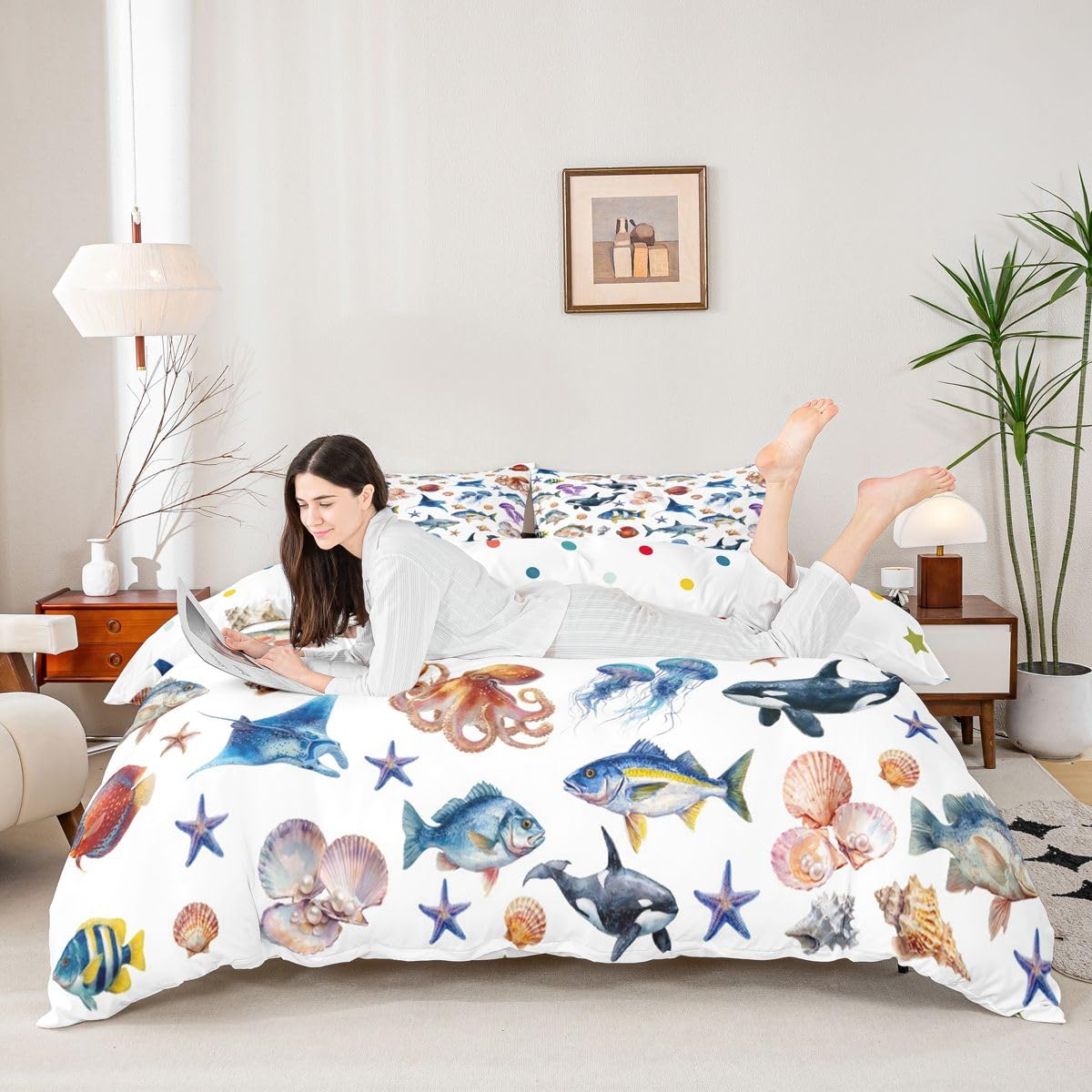 Homewish Ocean Super King poszewka na kołdrę orka wieloryb okonia ryba zestaw pościeli meduza ośmiornica poszewka na kołdrę przybrzeżne życie morskie zestawy łóżek