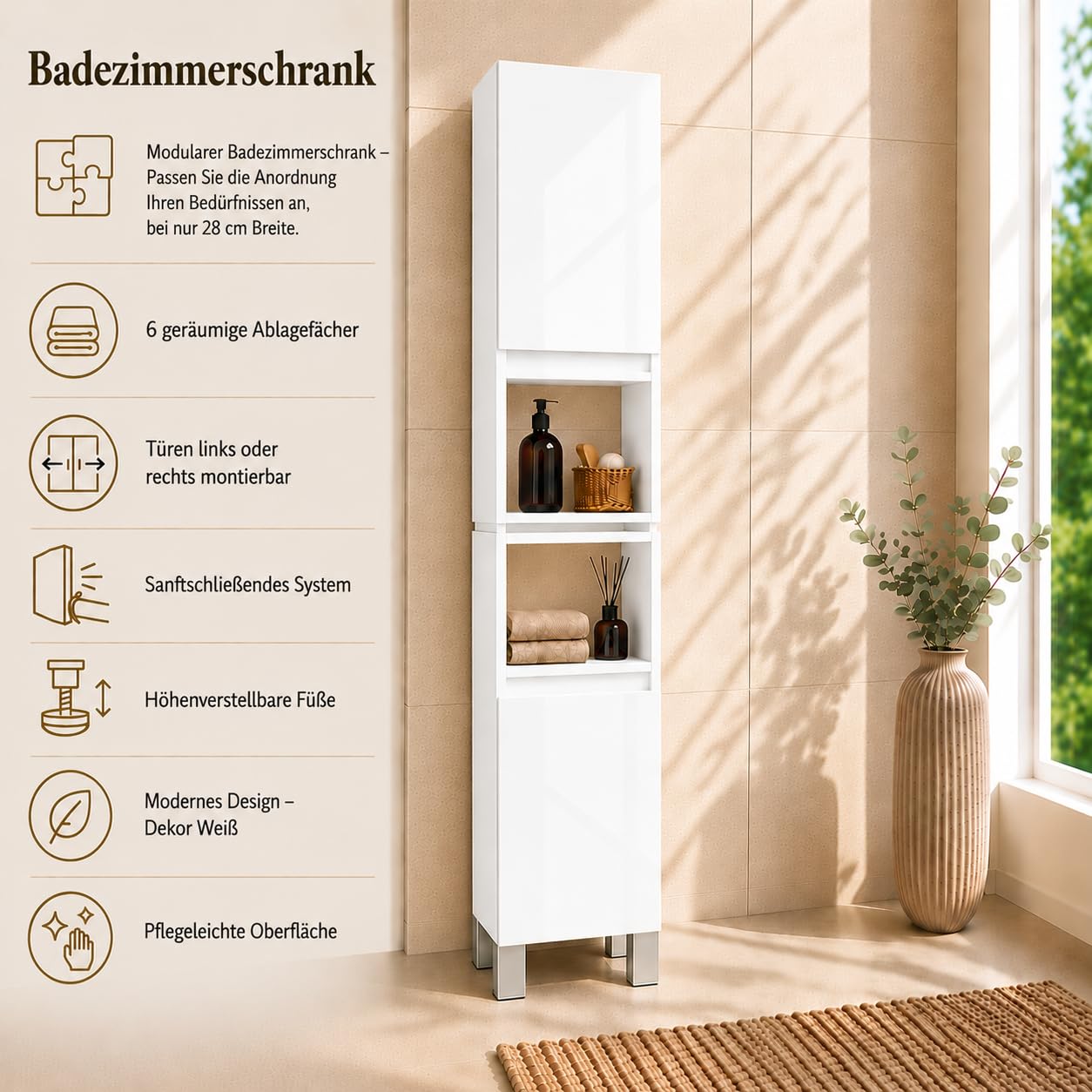 Badezimmerschrank Stehend Ariza, Hochglanz Weiß, MDF 18 mm, Soft-Close Türen, 6 Regale, 161 x 28 x 25 cm, Midischrank, Gäste WC & Bad für Kosmetik, Hängend, Links rechts