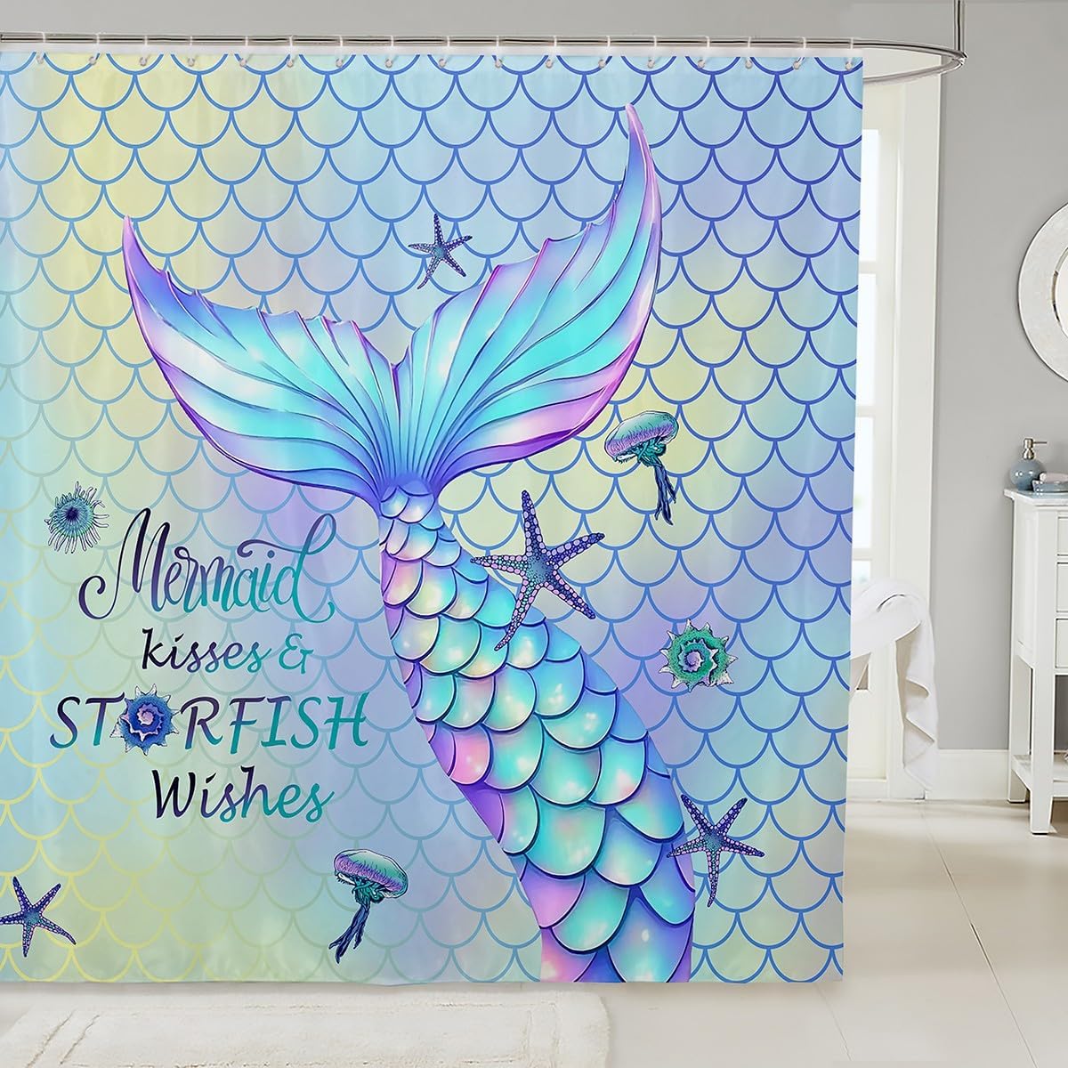 Erosebridal Cute Mermaid Tail Shower Curtain Girly Rainbow Gradient Bathroom Curtain Kawaii Mermaid Princess Kids Bathroom Decor Pastel Blue Purple Fish Scales Waterproof Bath Curtain 72”Wx84”L