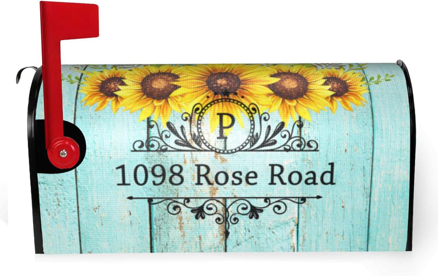 Retro Blue Wooden Texture Watercolor Sunflowers Personalized Farmhouse Monogram Address Mailbox Covers Magnetic Wedding Gifts Post Letter Box Covers Mailbox Wraps for Garden Yard Decor