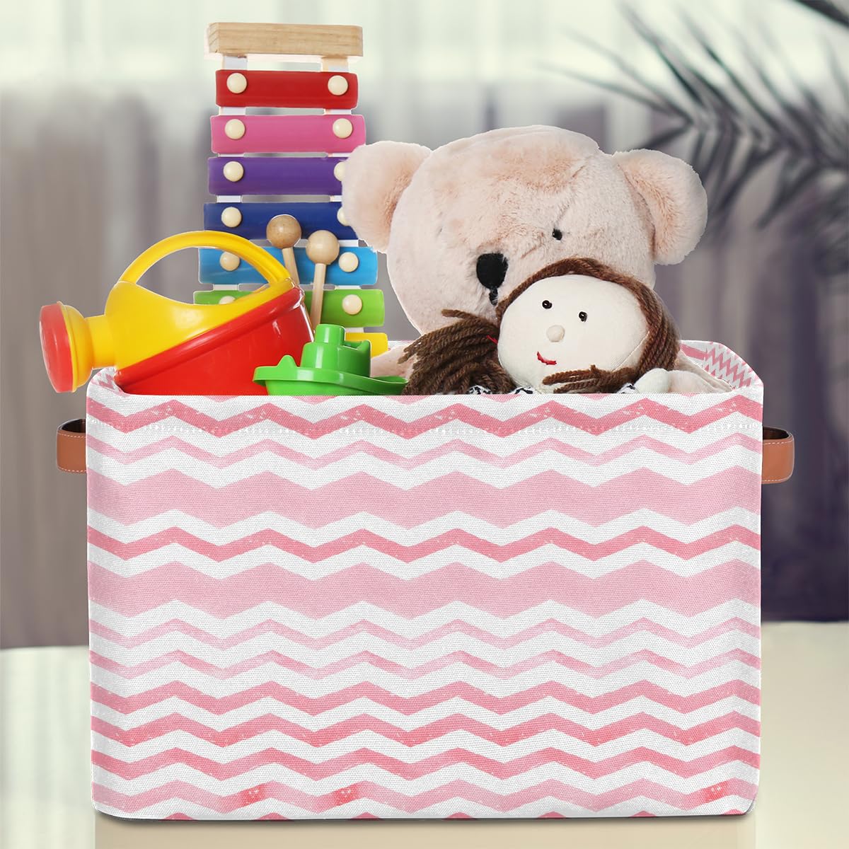 Mexpekil Cesta de almacenamiento con rayas en zigzag rosa, caja de almacenamiento de juguetes para niños, plegable, organizador de tela para estantes, cesta de regalo grande con asas, 2 piezas