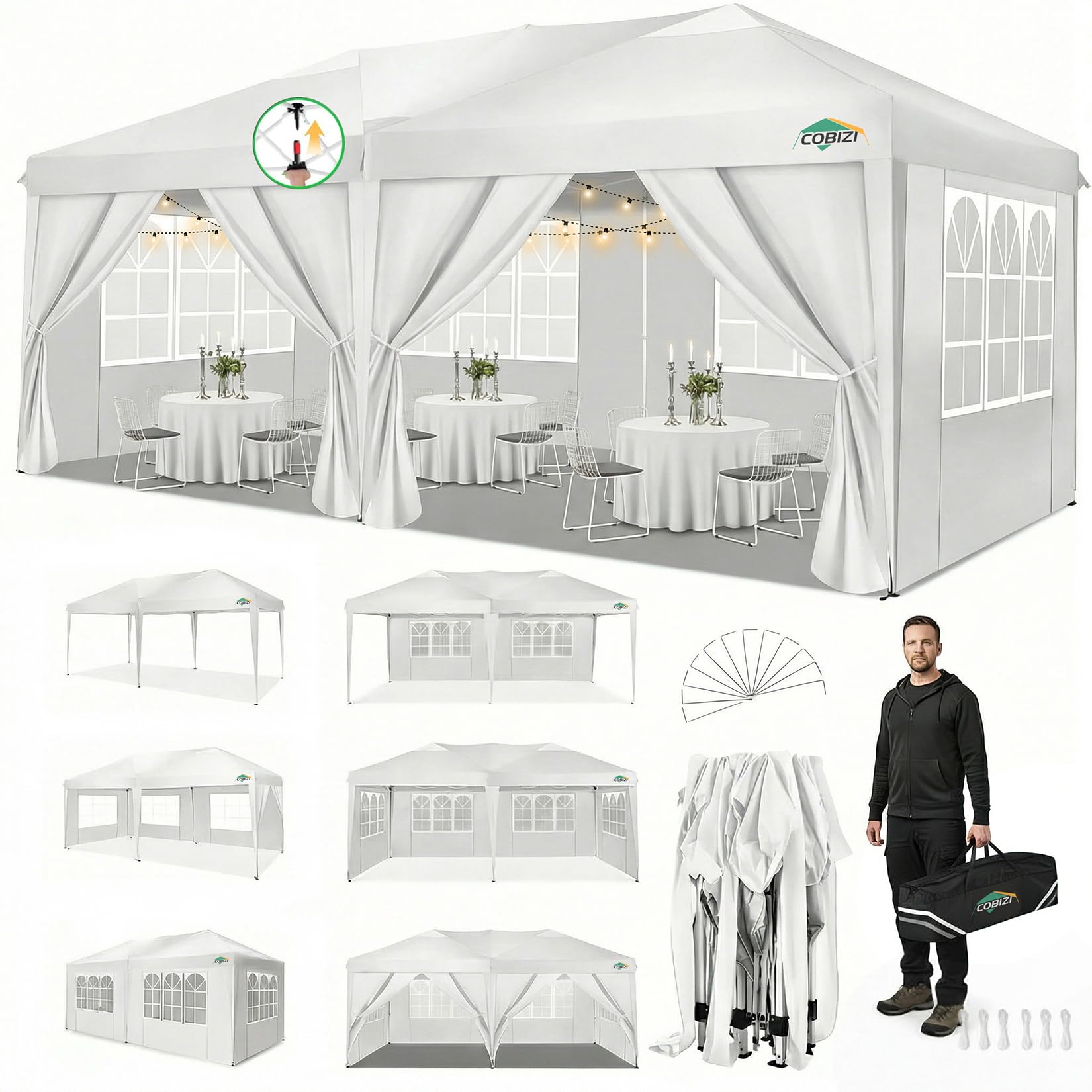 COBIZI Faltpavillon 3x6m Pavillon Wasserdicht Stabil Partyzelt Faltbar | 3 Höhen, Tente de réception d’extérieur avec 6 parois latérales anti-UV pour mariage, extérieur, jardin, fête et marché
