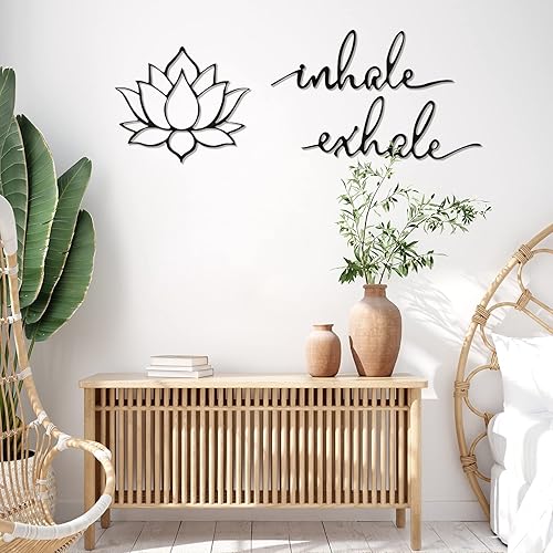 Miniatura 4 de Ferraycle Inhale Exhale, arte de pared para yoga, meditación, decoración de flor de loto, letrero de yoga, decoración de meditación de metal negro,