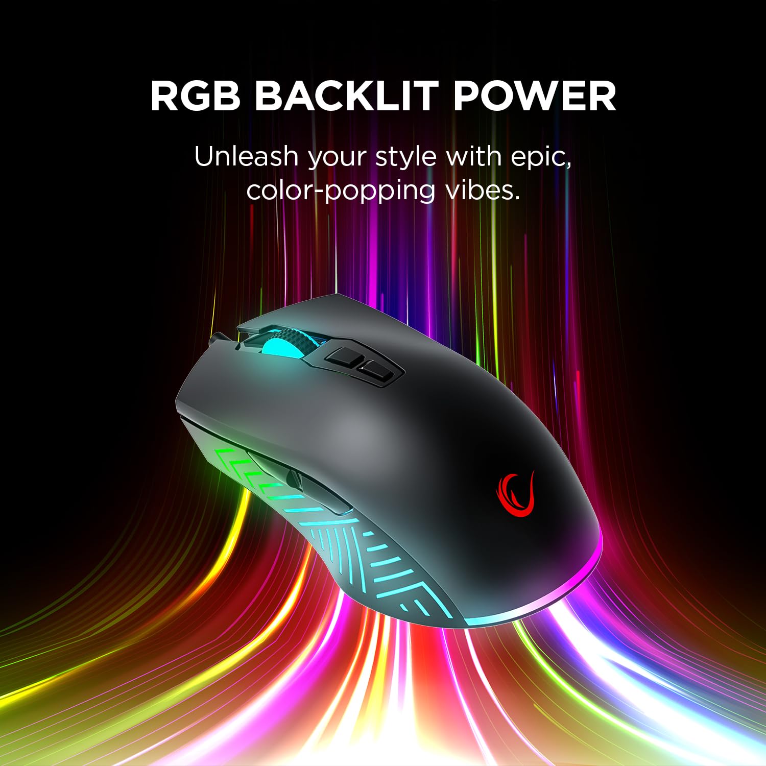 Rampage Spear V2 - Mouse da gioco cablato nero con illuminazione RGB, 12800 DPI, 7 pulsanti programmabili, mouse da gioco ergonomico leggero per giocatori di PC/Mac/laptop
