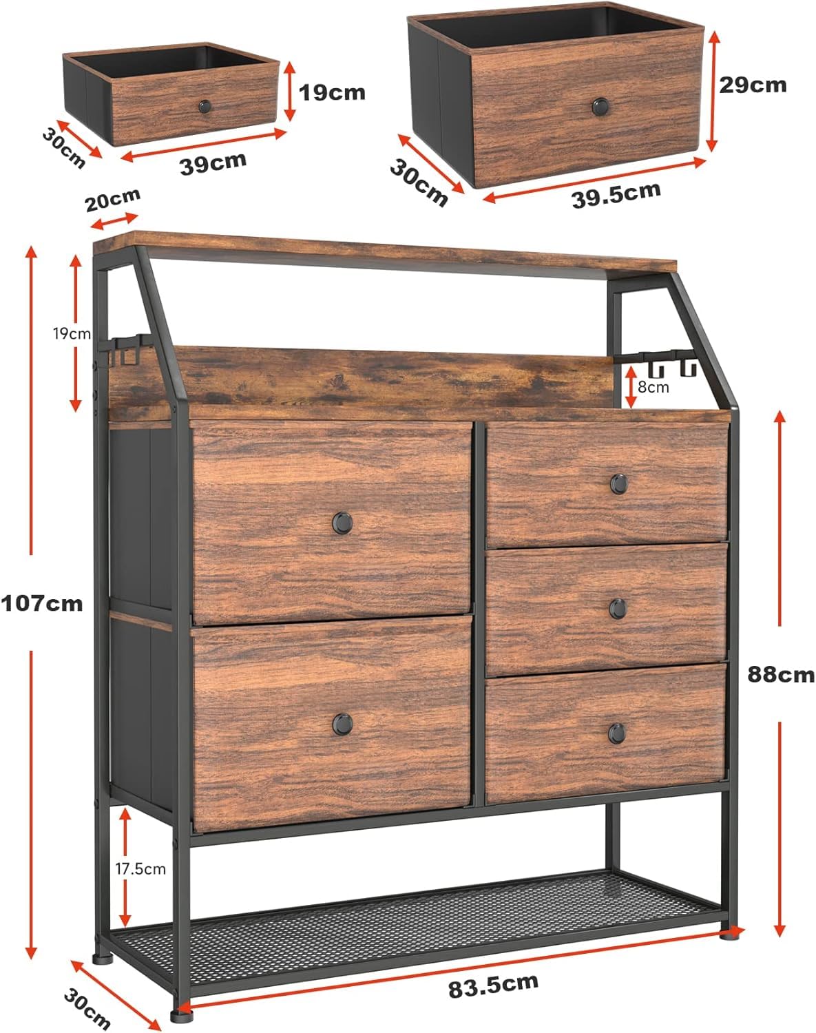 Dripex Commode en Tissu avec 5 tiroirs, Meuble de Rangement avec Dessus en Bois et étagère à Chaussures, Cadre en Métal, pour Salon, Chambre, Couloir, Marron Rustique et Noir Gris Vintage+Noir