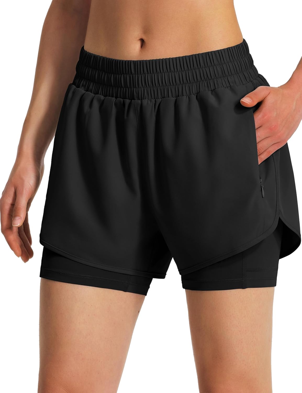 Ksmien Women's 2 in 1 Running Shorts Quick Dry Athletic Gym Workout Shorts with Liner Phone Pockets - Image 2