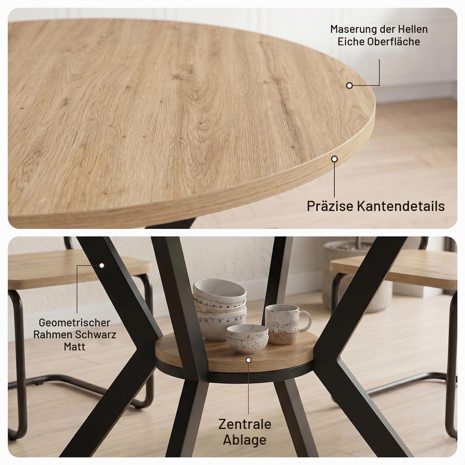Esstisch Rund Ausziehbar, 100-140cm Rund Küchentisch Holz, Esszimmertisch Oval mit Teleskopfunktion, Wohnzimmertisch Erweiterbar mit Offenen Ablagen für Küche, Esszimmer und Wohnzimmer