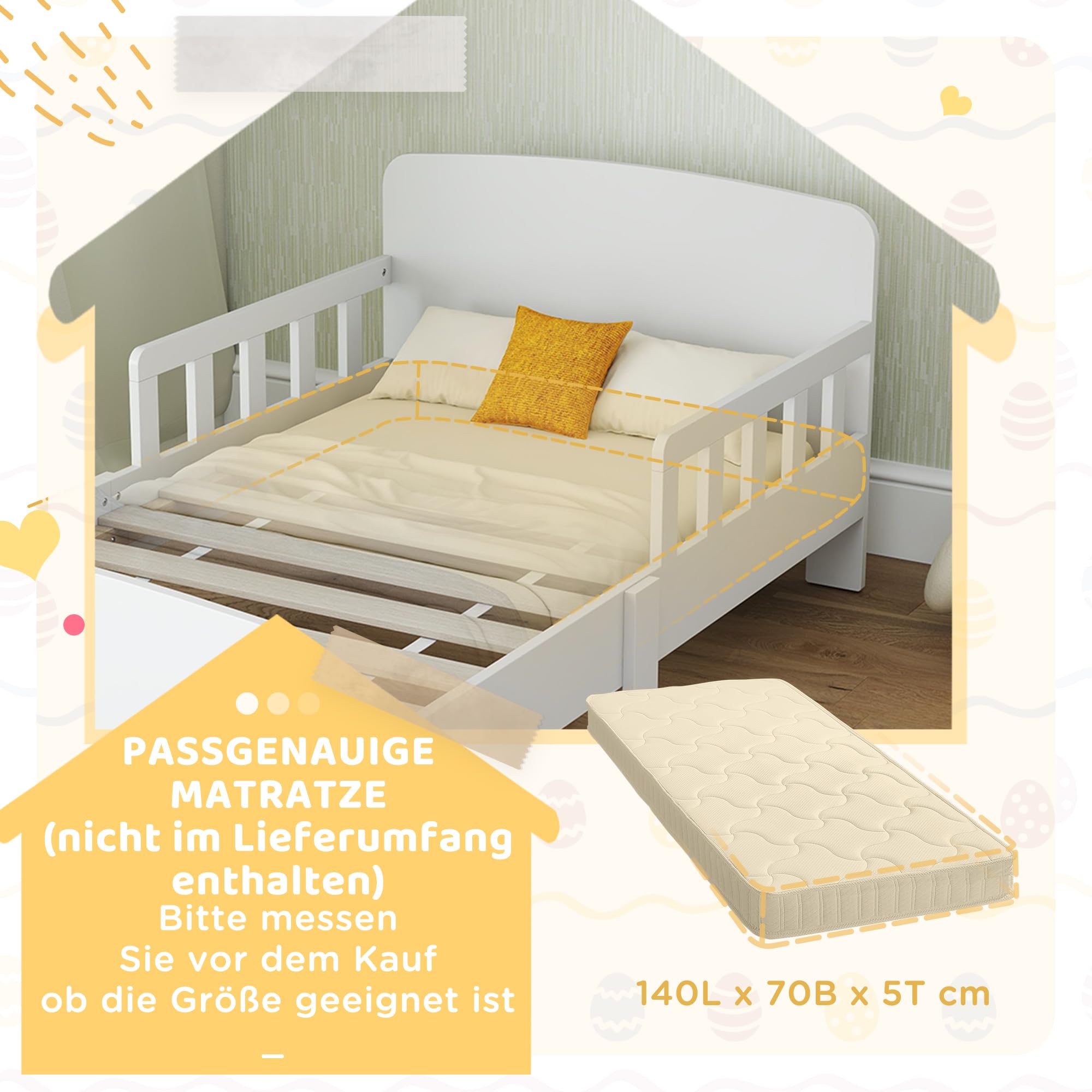 AIYAPLAY Kinderbett, Kleinkindbett mit Rausfallschutz, Lattenrost, 143,5 x 74,2 cm Einzelbett für Mädchen und Jungen, Jugendbett für 3–8 Jahre, Weiß