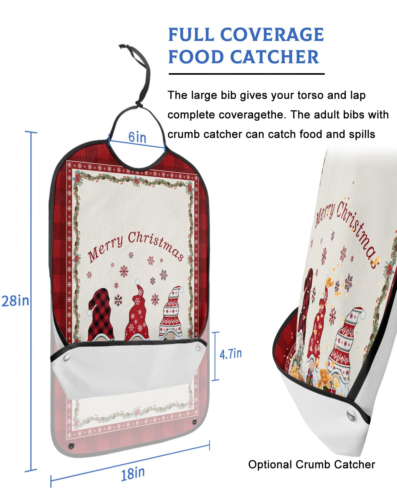 Christmas Gnomes Adult Bibs for Eating, Waterproof Bibs with Food Catcher & Adjustable Snap Closure, Red Checkered Winter Snowflake Washable Clothing Protectors Adult Bibs for Elderly Women/Men
