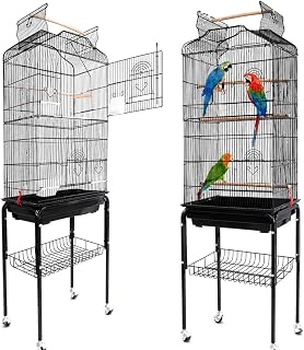 BAKAJI Vogelkäfig, untrennbare Papageien, Papageien, Flugkäfig, Fußstütze und Räder, Schilddach und Feder, Holzbeete, abnehmbares Tablett (schwarz)