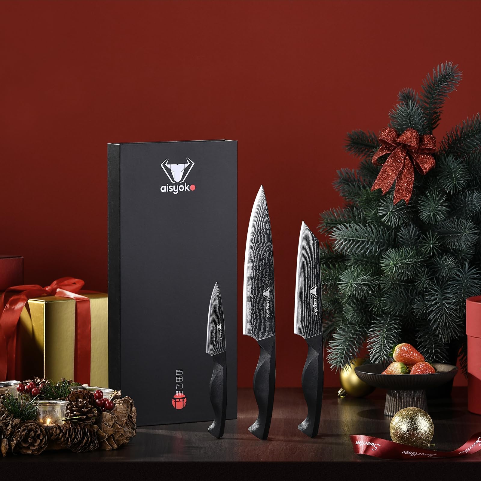 Aisyoko 8C Damascus Knife Set - 3PC Chef's Knife, Kitchen and Paring Knives, High Carbon Stainless Steel, Ergonomic Full Tang ABS Anti-Skid Handle — Amazon image 9