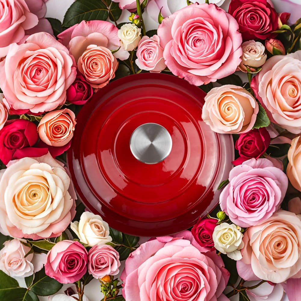 3 Quart Dutch Oven Enameled Cast Iron with Lid - Big Dual Handles - Oven Safe up to 500°F - Classic Round Pot for Versatile Cooking Red